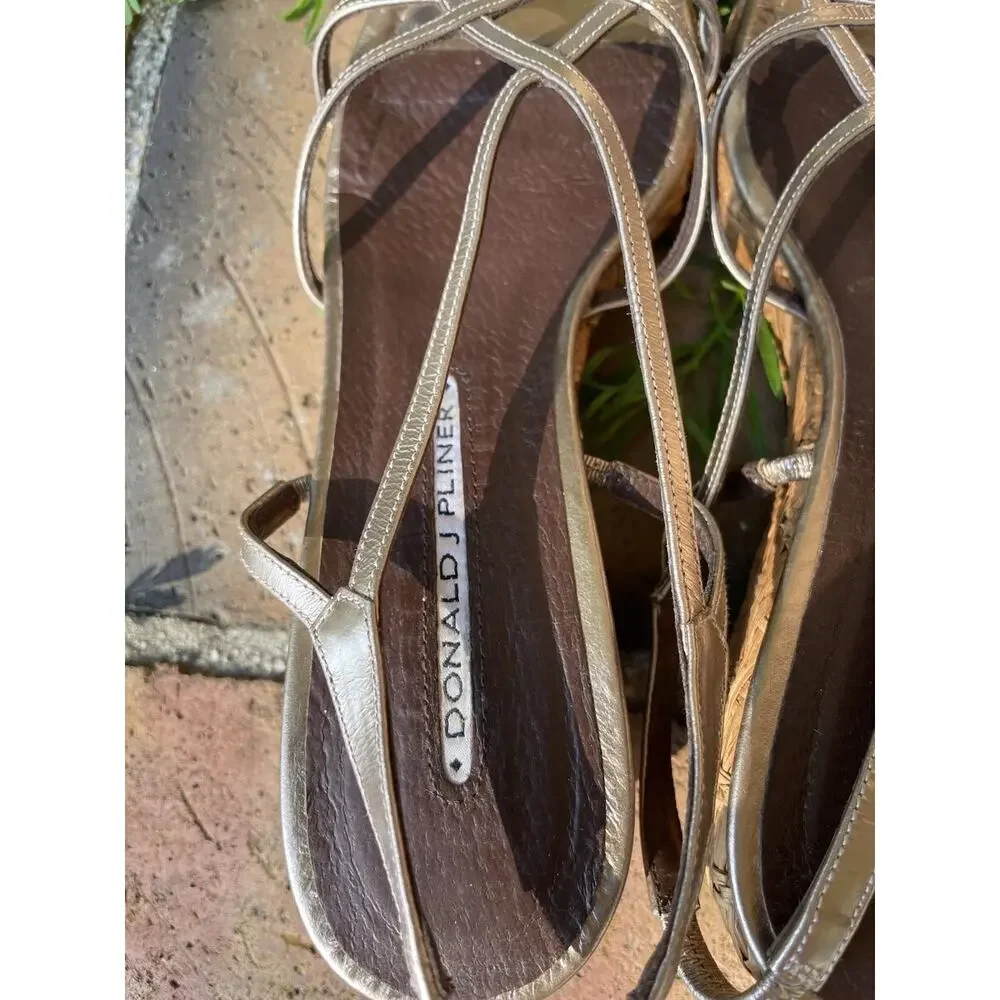 Donald J Pliner Bronze Metallic Woven Wedge Slingback Sandals Sz 8.5
